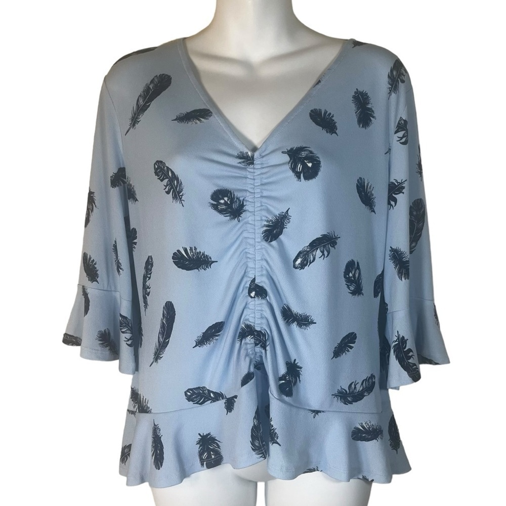 Candie's light blue ruched ruffle sleeve feather top size L